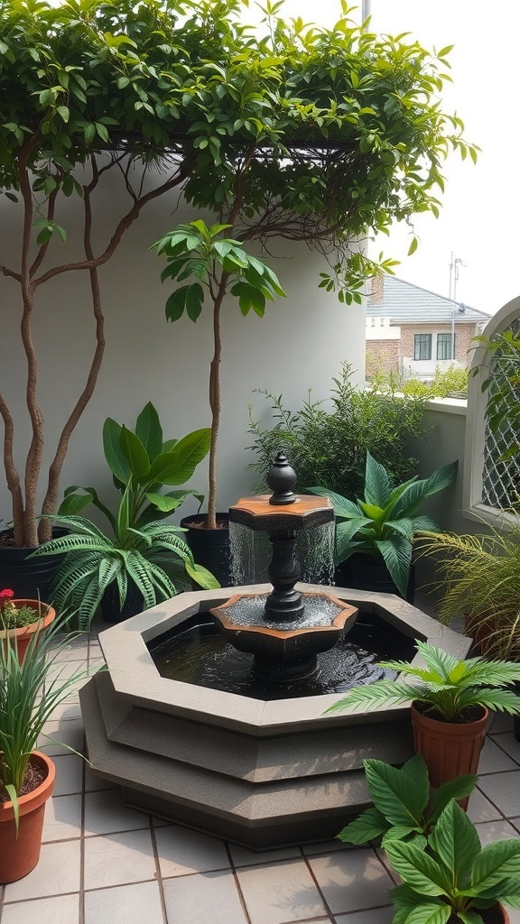A rooftop garden with a fountain surrounded by various plants.