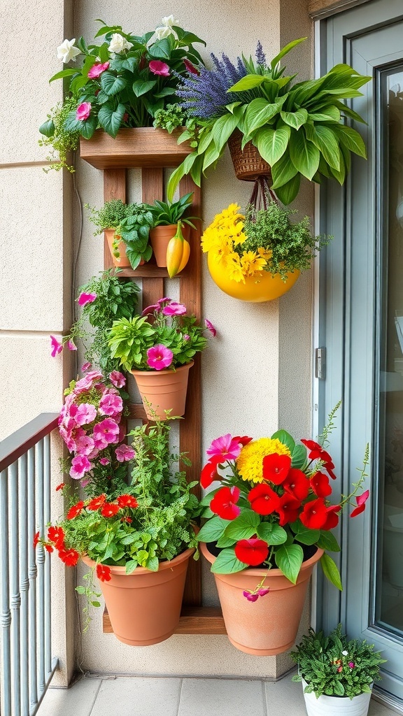 A colorful vertical garden with various flowers and plants arranged on a wooden structure.