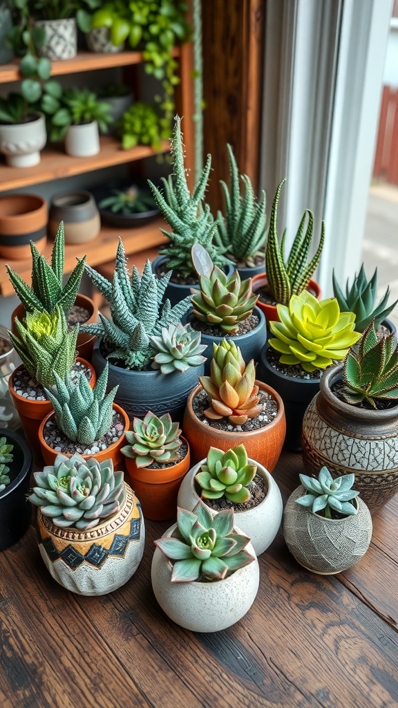 A variety of succulents arranged in different pots on a wooden surface.