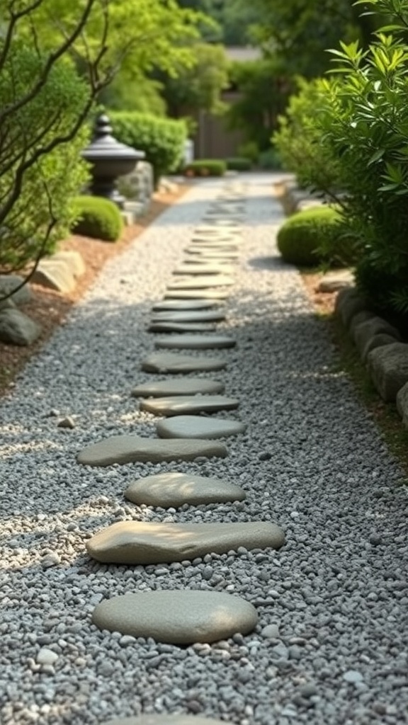A serene stone pathway through a Zen garden, lined with greenery and gravel.