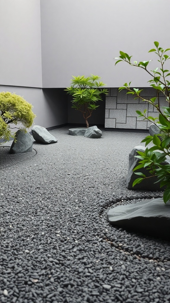 A minimalist Zen garden featuring gray pebbles, rocks, and small green plants.