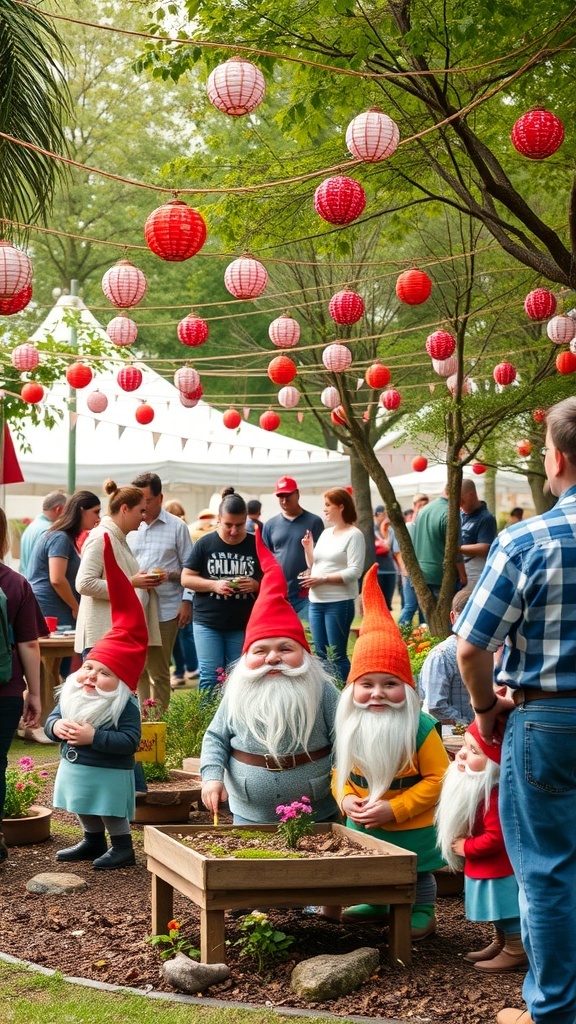 A vibrant gnome garden event with colorful lanterns and people enjoying activities.
