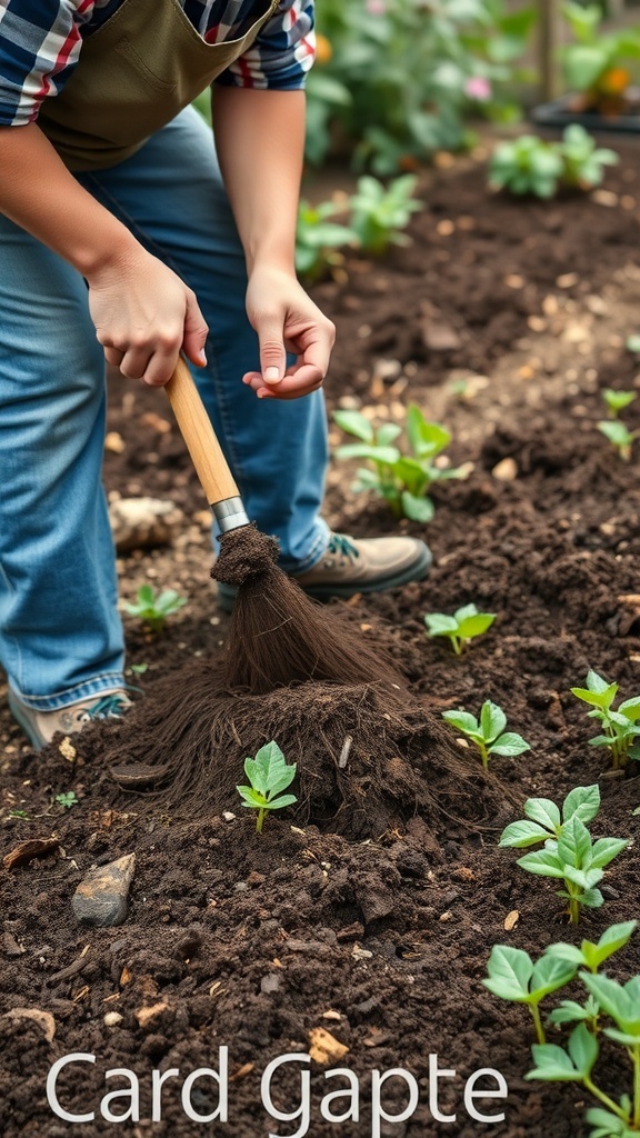 A person preparing soil in a potager garden, using a hoe to work the earth around young plants.