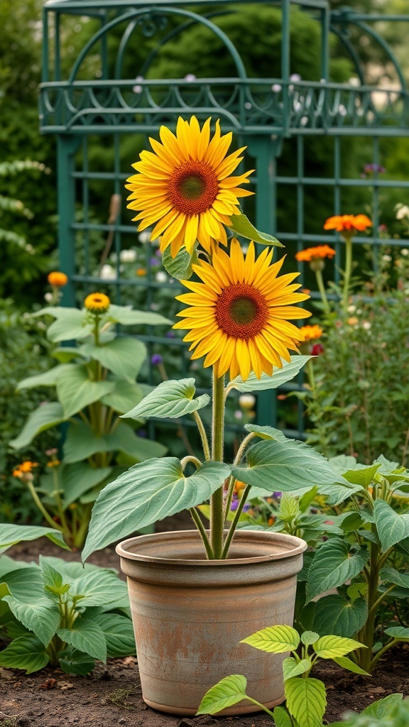 Two bright sunflowers in a pot, surrounded by green foliage.