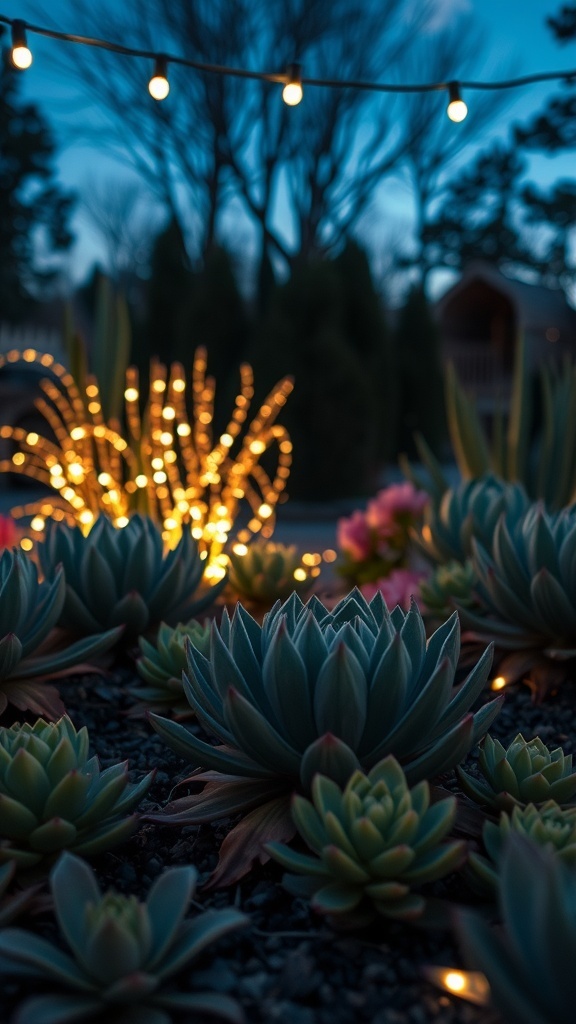 A succulent garden illuminated by string lights at dusk.