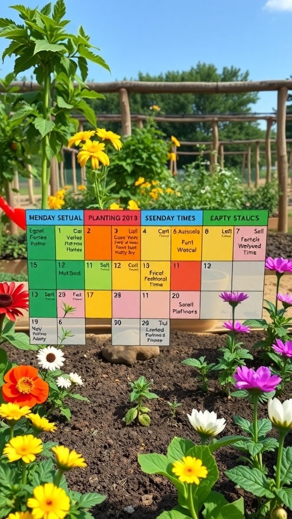 A colorful seasonal planting calendar with flowers in the foreground