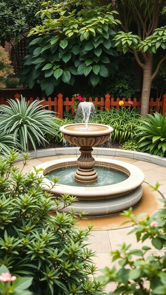 A small garden featuring a decorative fountain surrounded by lush plants.