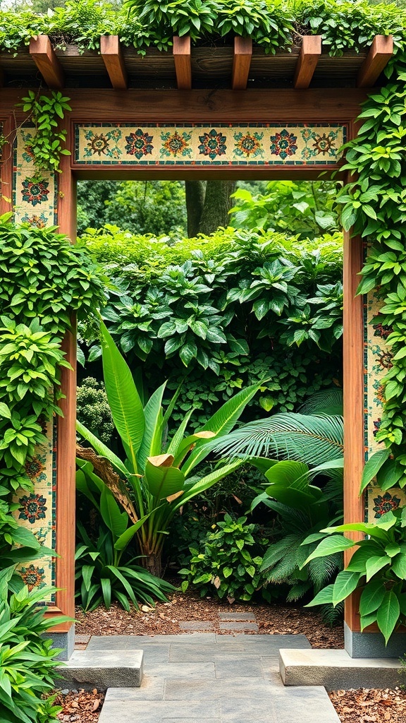 A decorative trellis adorned with mosaic tiles, surrounded by lush green plants.