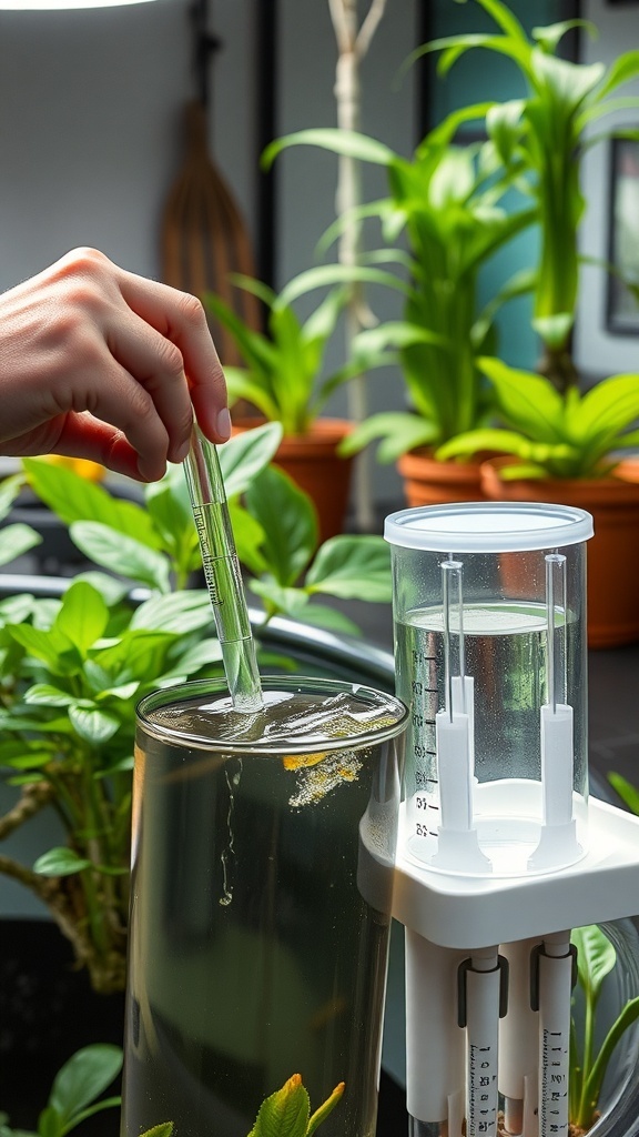 A person testing water quality in an indoor water garden with plants in the background.