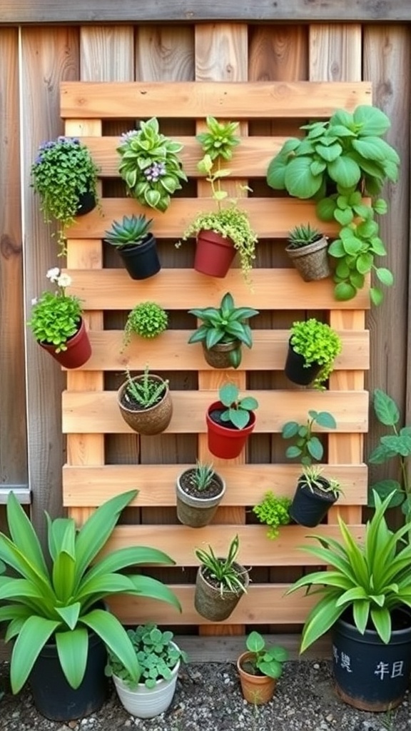 A wooden pallet vertical garden with various plants in pots.