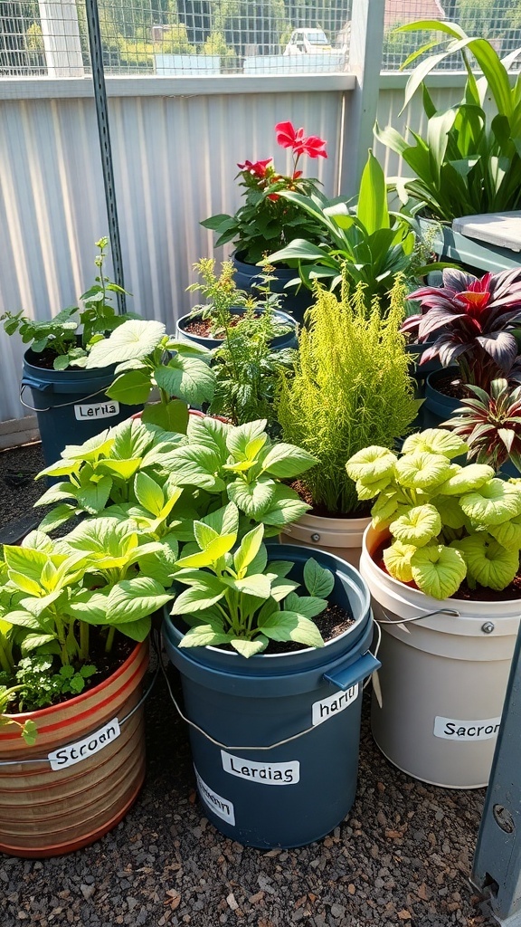 A variety of plants in labeled buckets, showcasing companion planting techniques.