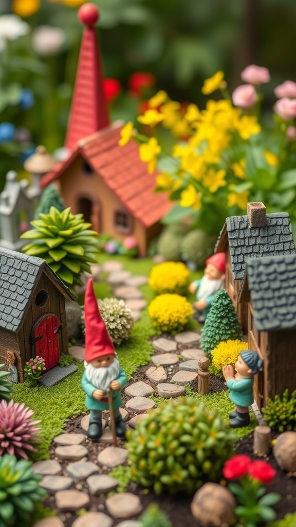 A colorful gnome village with tiny houses, gnome figurines, and vibrant flowers.