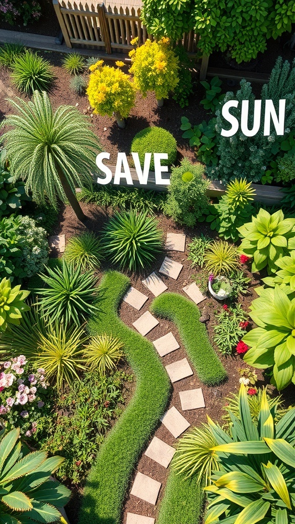 Aerial view of a garden with a winding pathway and various plants, highlighting the importance of sunlight and garden zones.