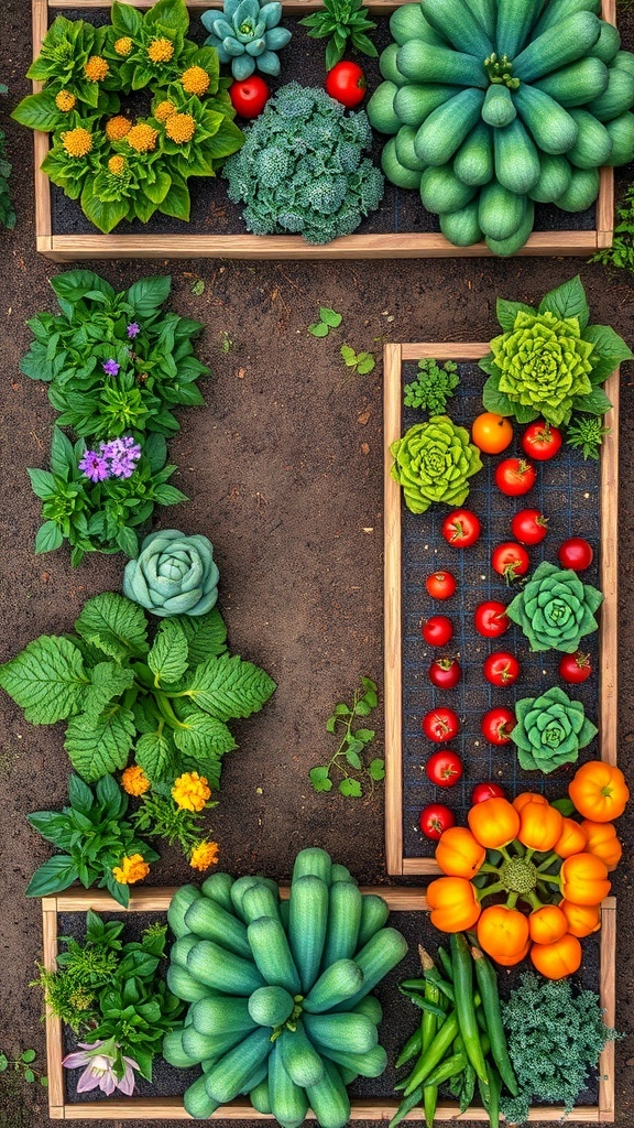 Aerial view of a raised bed garden with various vegetables and flowers.