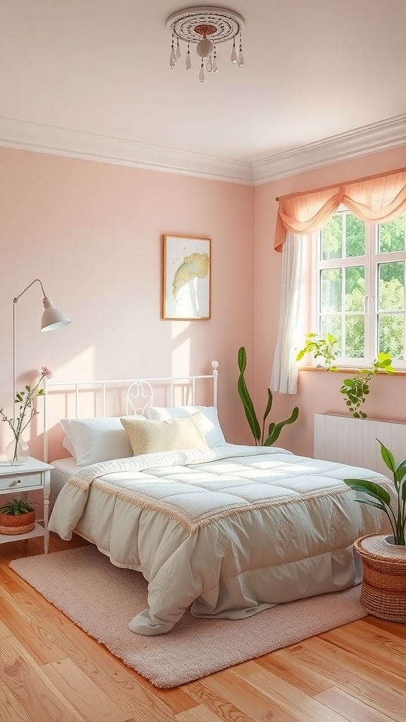 A cozy bedroom with soft pastel colors, featuring a pink wall, light bedding, and plants.