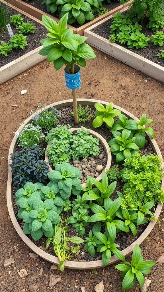 A circular herb spiral garden design with various herbs arranged in a spiral pattern.