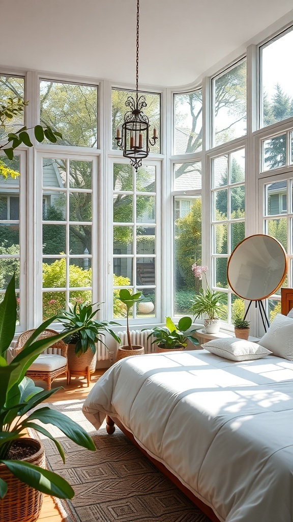 A bright and airy bedroom with large windows, plants, and a cozy bed.