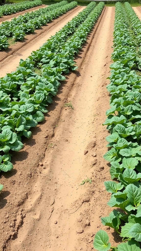 A row garden with lush green plants growing in neat rows