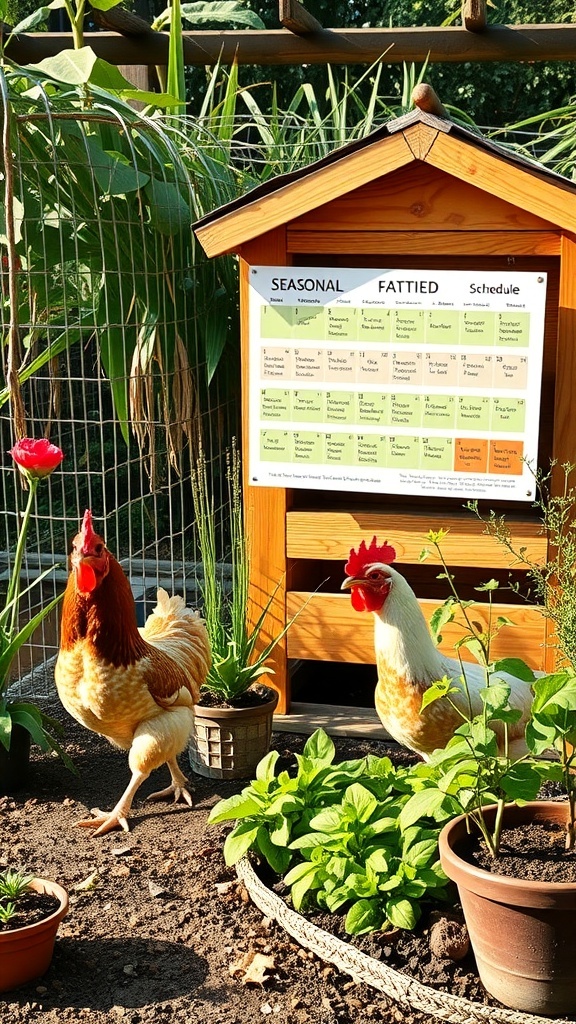 Chickens in a garden with a seasonal planting schedule on a coop