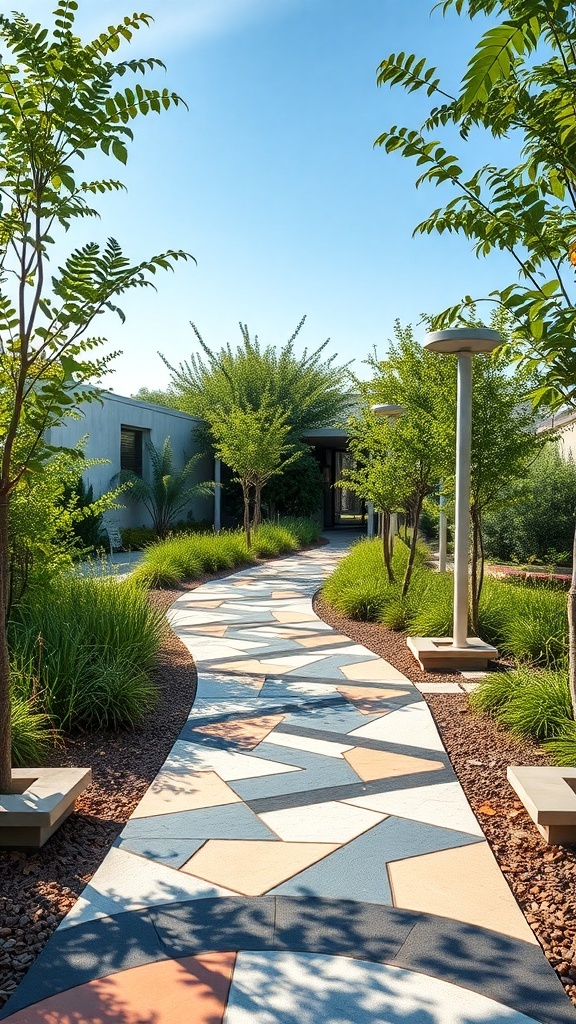 A winding garden pathway made of colorful stones, surrounded by greenery and modern lighting.