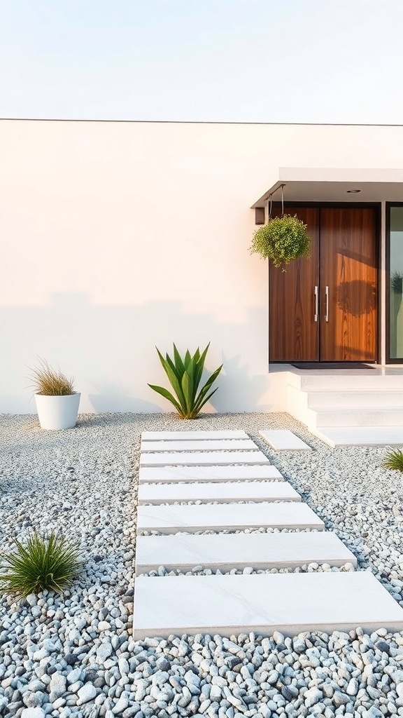 Modern minimalist front yard with stone pathway and gravel