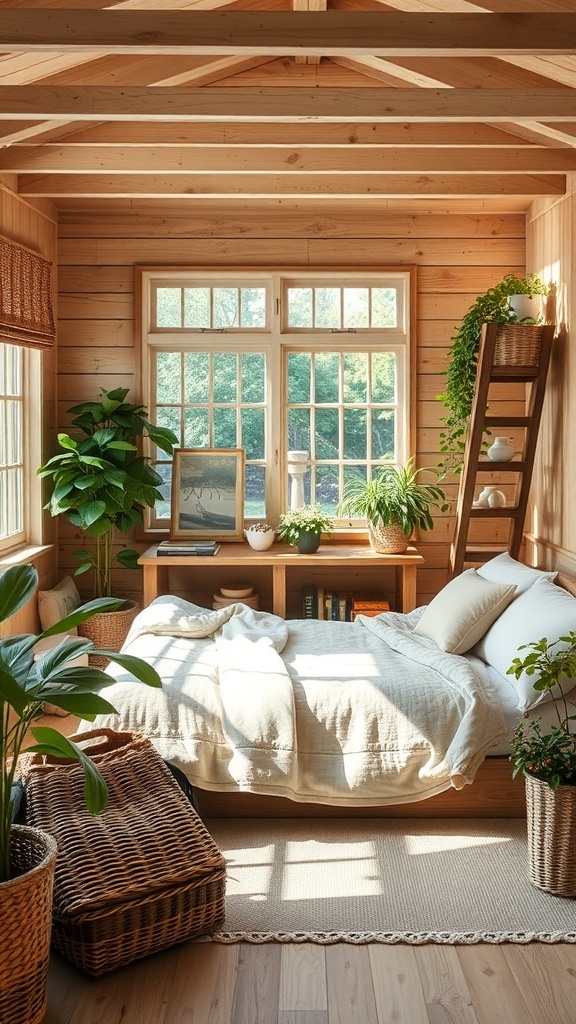 Cozy bedroom with wooden walls, plants, and natural light