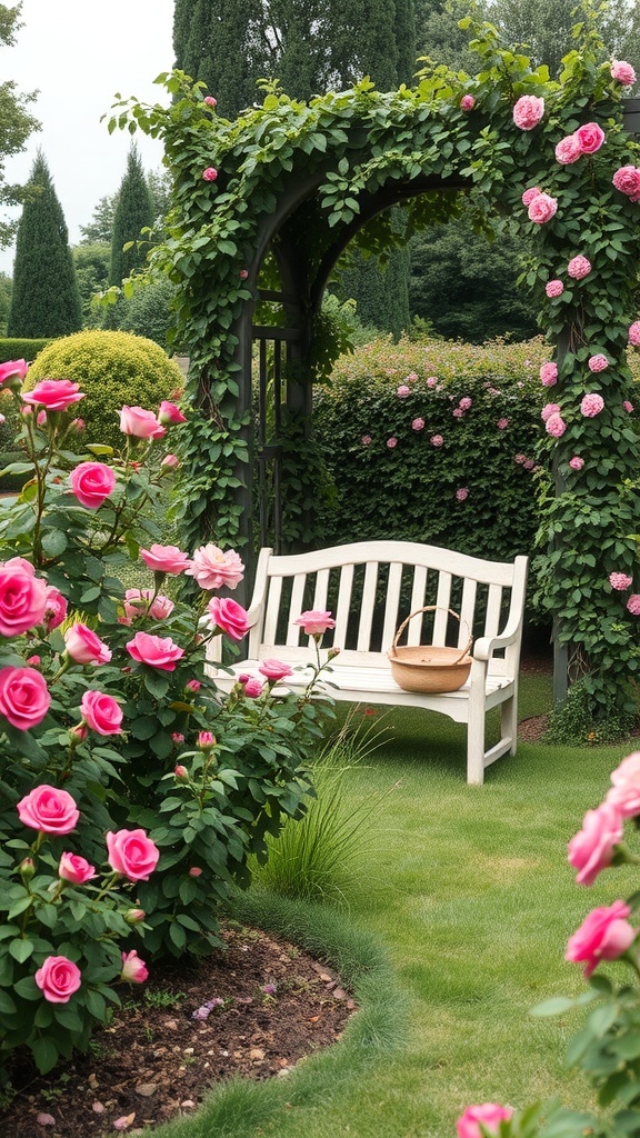 A classic English garden with pink roses and a white bench under an archway.