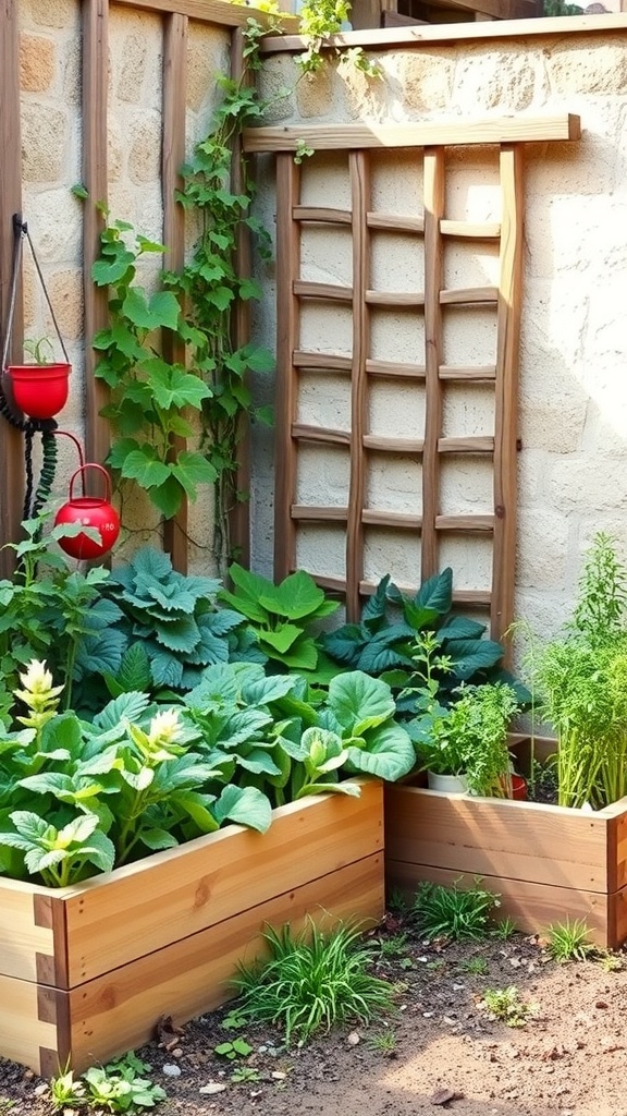 A corner garden with raised wooden beds filled with various plants and a trellis.