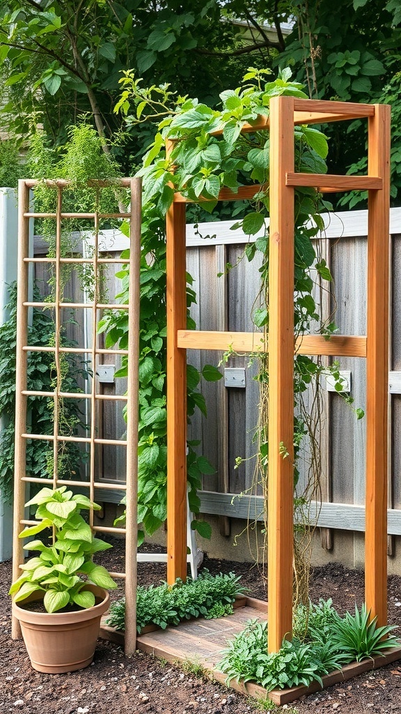 Two DIY garden trellises supporting climbing plants in a veggie garden.