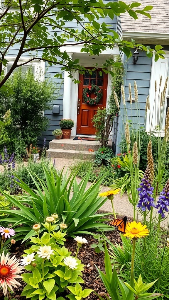 A colorful front garden featuring native plants with a butterfly on a flower.