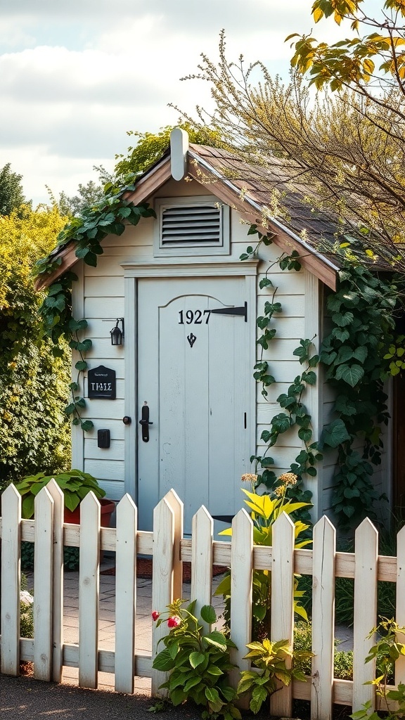 A vintage cottage style garden shed with a blue door, surrounded by greenery and a picket fence.