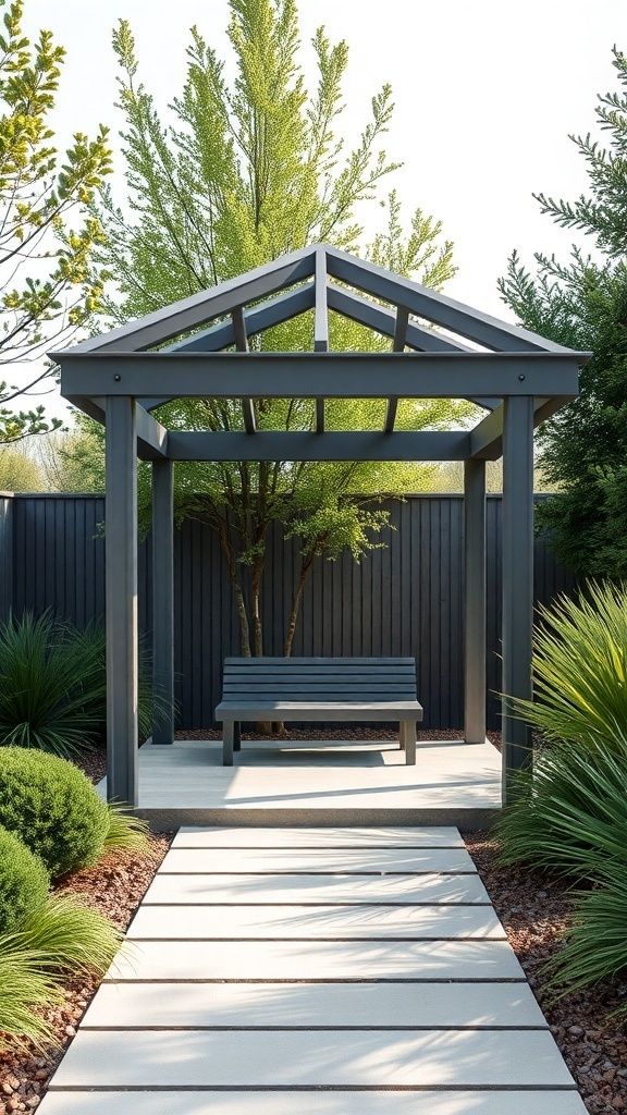 A modern minimalist gazebo with a sloped roof and a bench, surrounded by greenery.