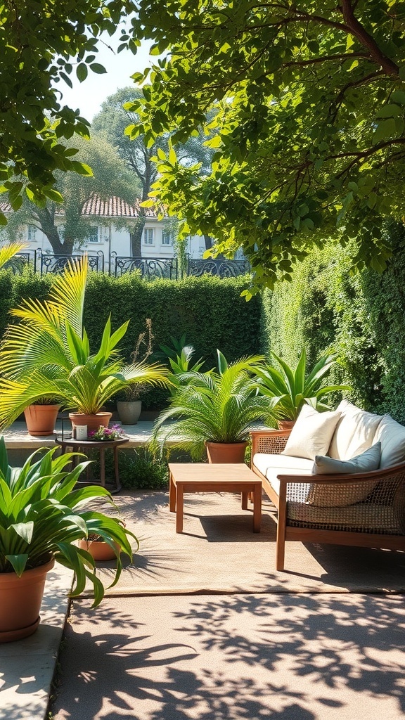 A cozy shaded garden area with potted plants and comfortable seating.