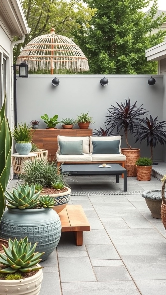 A cozy outdoor living space featuring various succulents in stylish pots, a comfortable seating area, and a large umbrella for shade.