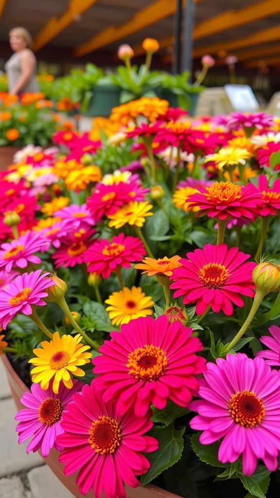 Colorful zinnias in a container garden with a variety of pink, yellow, and orange flowers.