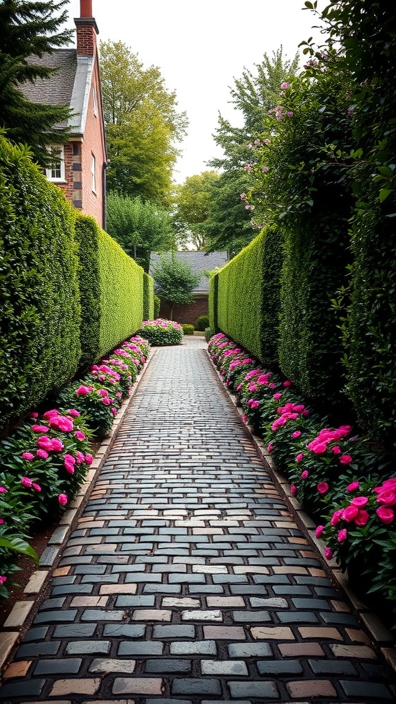 A cobbled stone walkway lined with green hedges and pink flowers