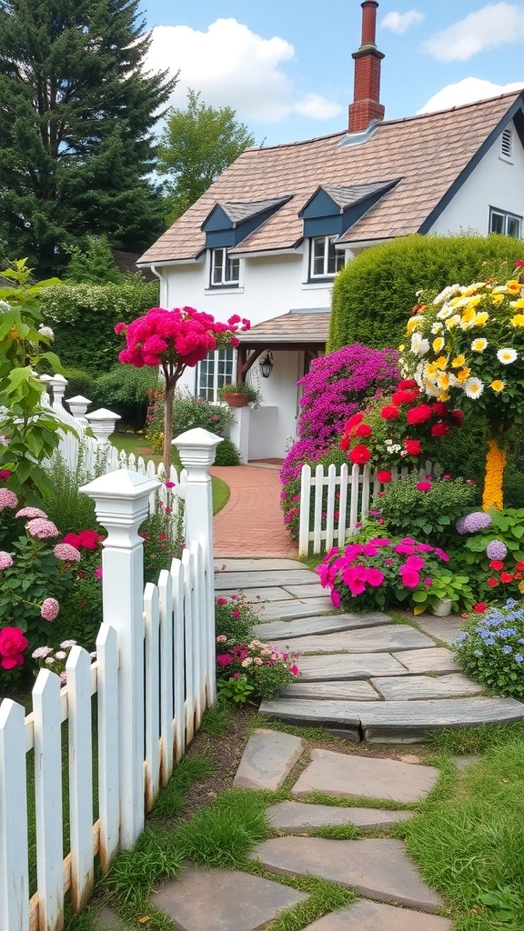 A charming cottage garden with colorful flowers and a white picket fence.