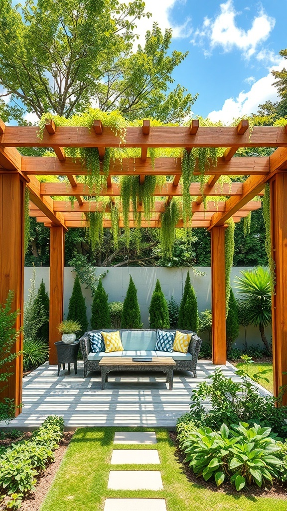 A modern wooden pergola with greenery and a cozy seating area in a garden.