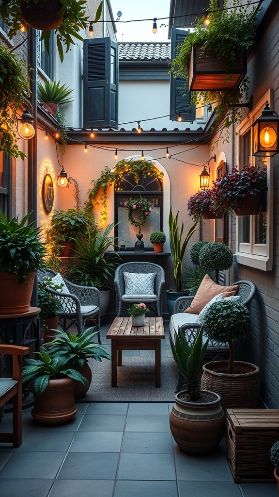 A cozy terrace garden with seating, plants, and warm lighting.