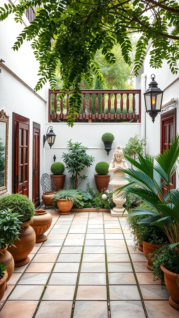 A small terrace garden with terracotta pots, a statue, and lanterns.