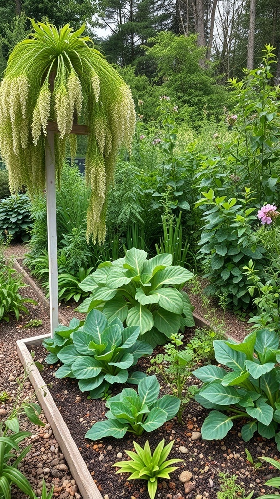 A lush vegetable garden with various plants, showcasing a wildlife-friendly design.