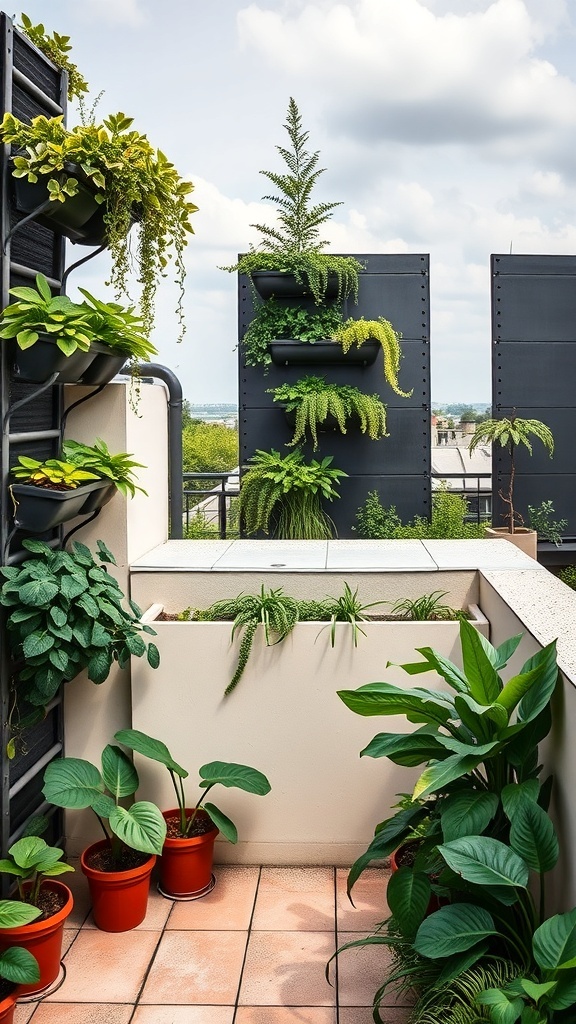 A rooftop vertical garden featuring various plants in wall-mounted planters and pots.