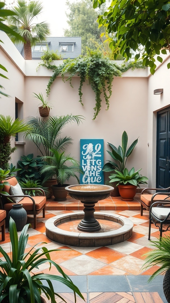 A tranquil patio garden featuring a central fountain surrounded by lush plants and cozy seating.
