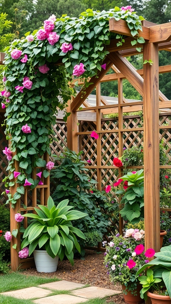 A rustic wooden trellis adorned with climbing flowers, creating a charming garden feature.