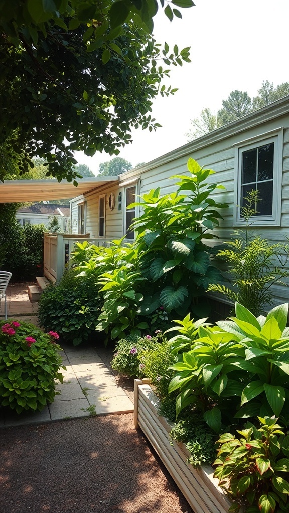 A lush shade garden with various plants and flowers beside a mobile home