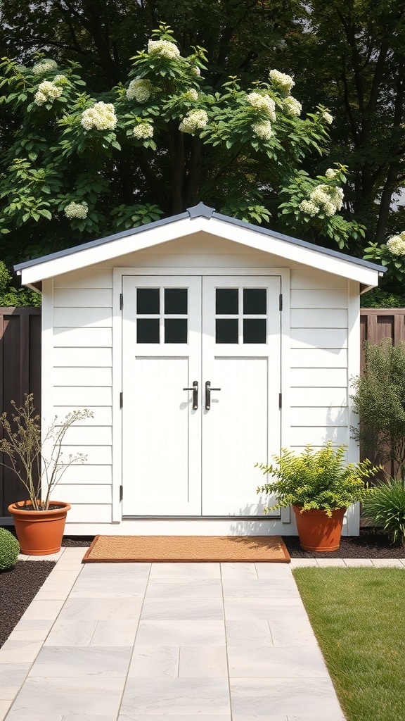 A modern minimalist garden shed with a white exterior and double doors, surrounded by greenery and potted plants.