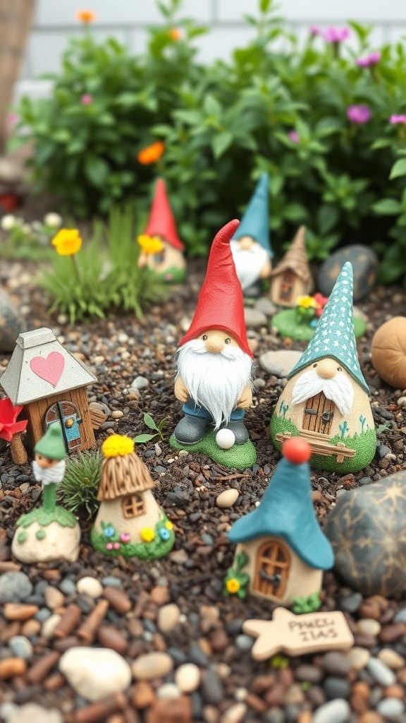 A colorful gnome garden with various gnome figurines and miniature houses surrounded by flowers and pebbles.