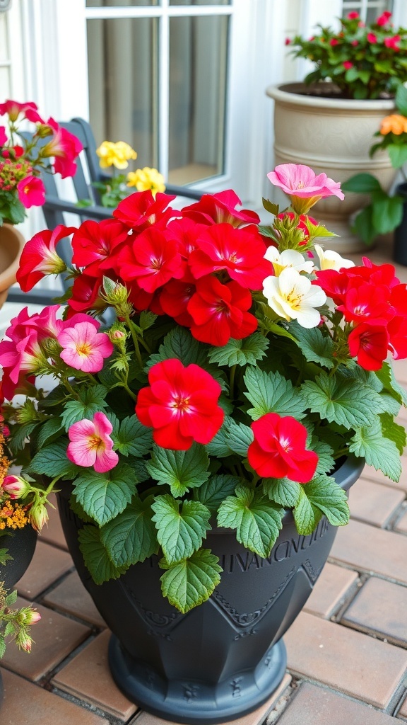 A container filled with colorful geranium flowers in red, pink, and white.