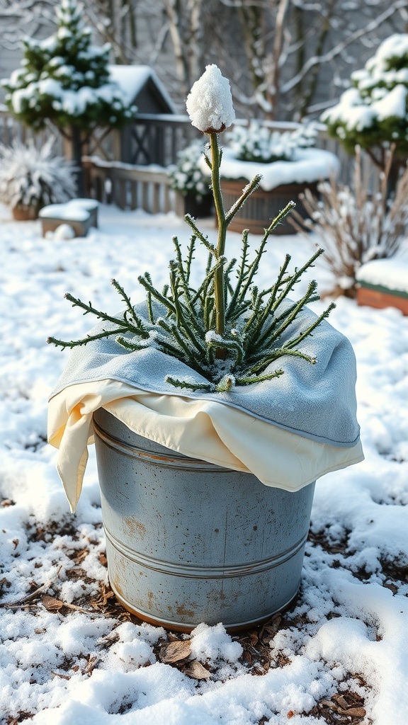 A bucket garden covered with snow and fabric for winter protection.