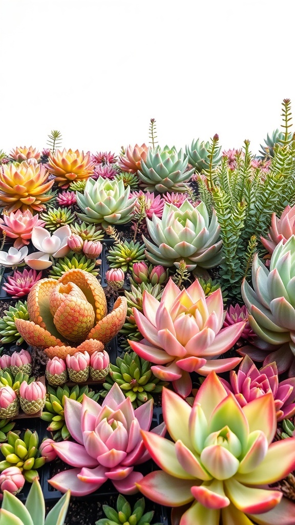 A vibrant display of various succulents in shades of pink, green, and orange.